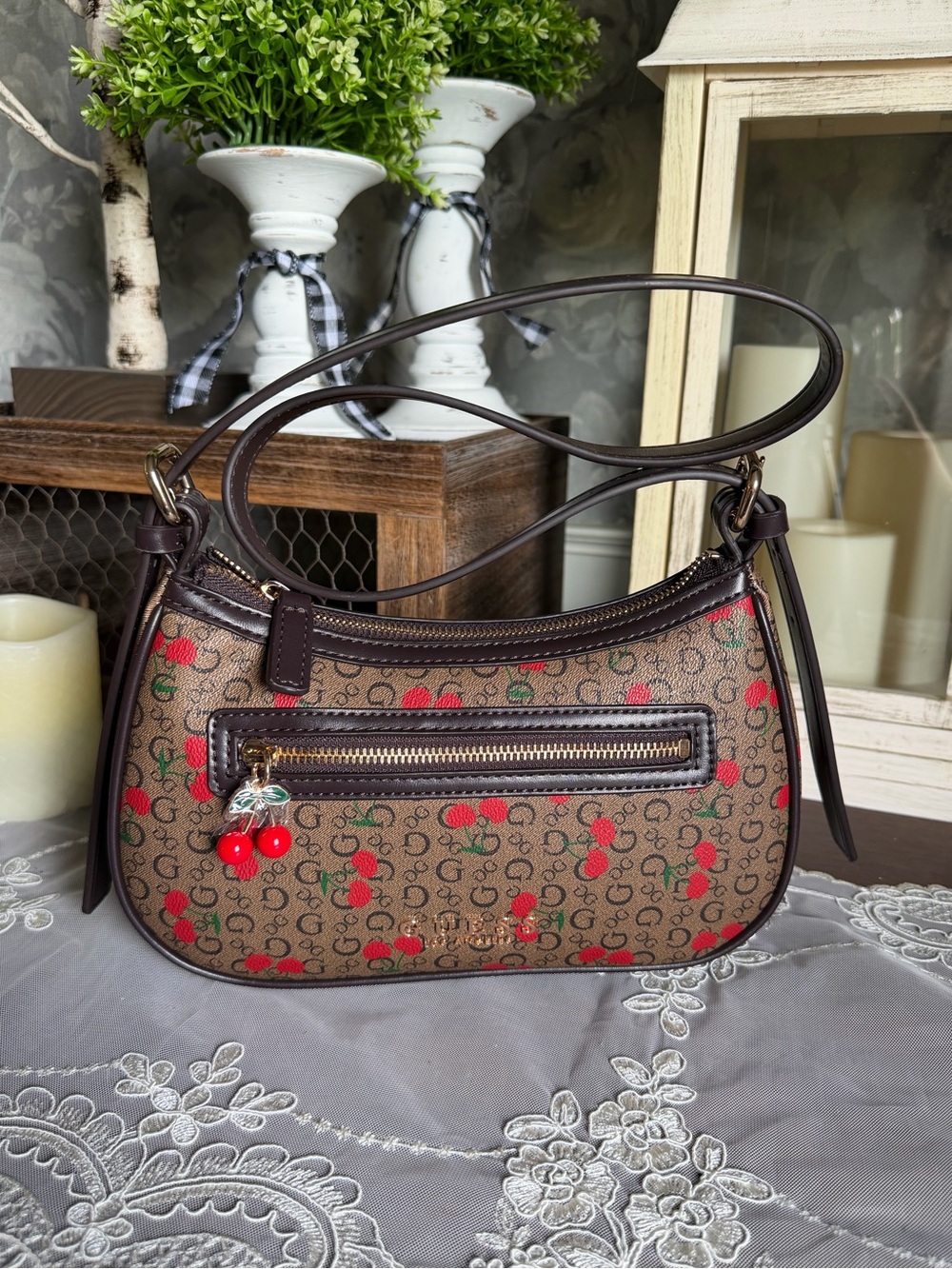 NWOT GUESS Brown Cherry Print Crossbody Shoulder Bag Purse